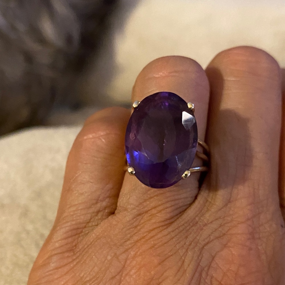 Oval Purple Gemstone Ring with Silver-Tone Band - Women’s Fashion Ring